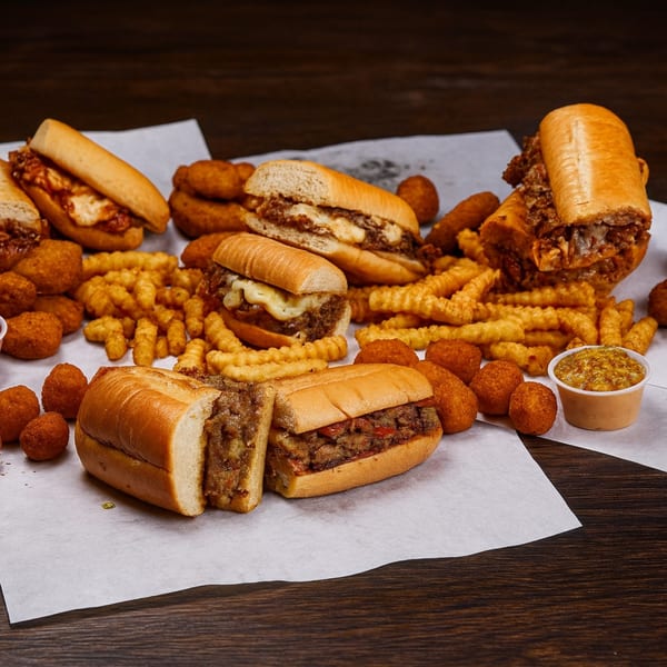 Valentino's NY Pizza cheesesteak subs, fries, and fried appetizers on white paper.