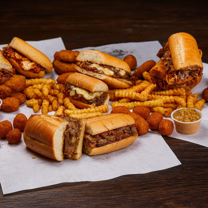 Valentino's NY Pizza cheesesteak subs, fries, and fried appetizers on white paper.