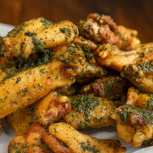 Close-up of golden-brown Valentino's NY Pizza chicken wings, generously coated with green herbs and spices.