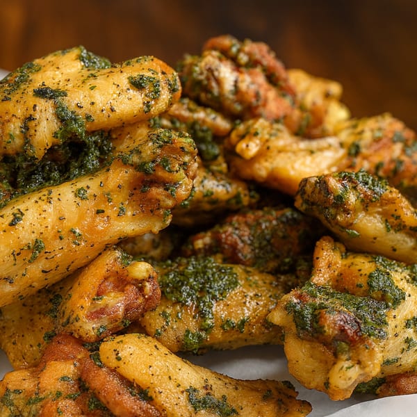 Close-up of golden-brown Valentino's NY Pizza chicken wings, generously coated with green herbs and spices.