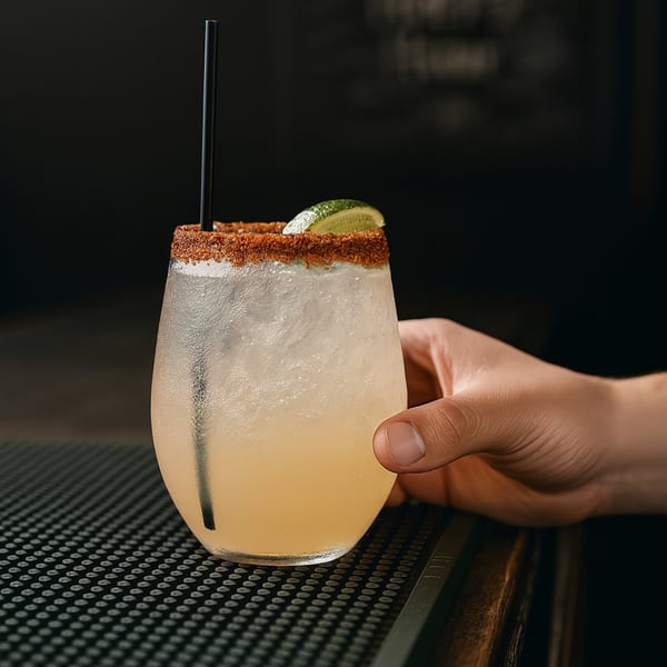 A hand holding a frosty margarita with a chili-lime rim, straw, and lime wedge on a bar mat.