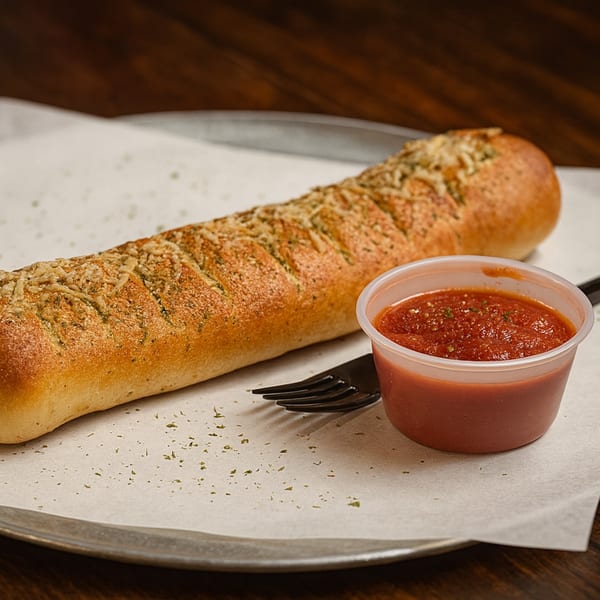 Valentino's NY Pizza garlic breadstick with melted cheese and herbs, served with a side of marinara sauce.