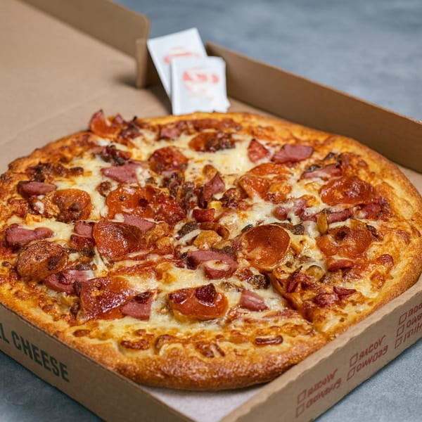 Valentino's NY Pizza with pepperoni, sausage, and bacon in an open delivery box.