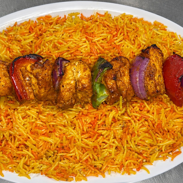 Chicken Tikka over Biryani rice.